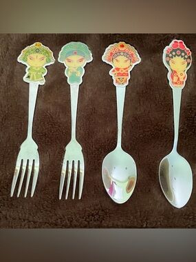 Chinese Spoon & Fork Beijing Opera Flatware Stainless Utensils by HOST. Set of 4